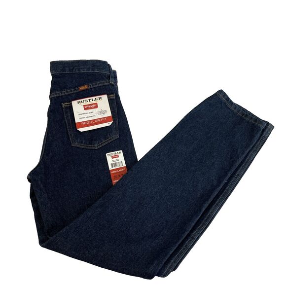 New Mens Rustler By Wrangler Dark Wash Regular Fit Straight Leg Jeans Sz 30x34 - Picture 1 of 8